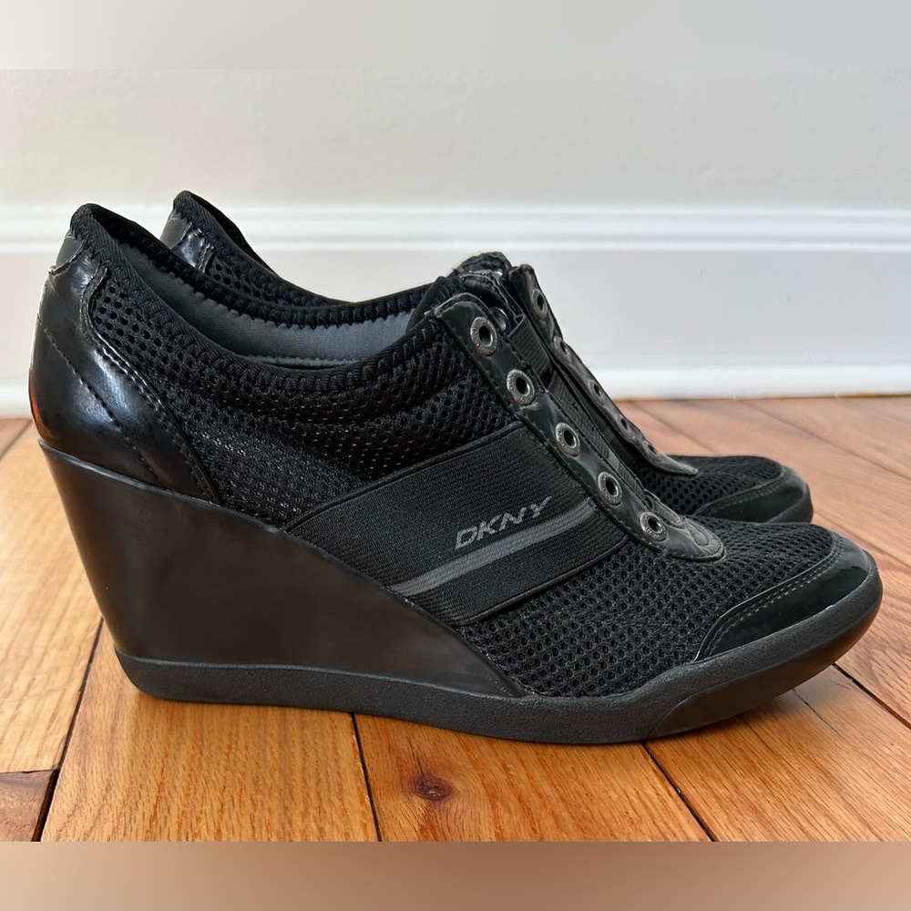 DKNY Black Mesh Wedge Sneakers